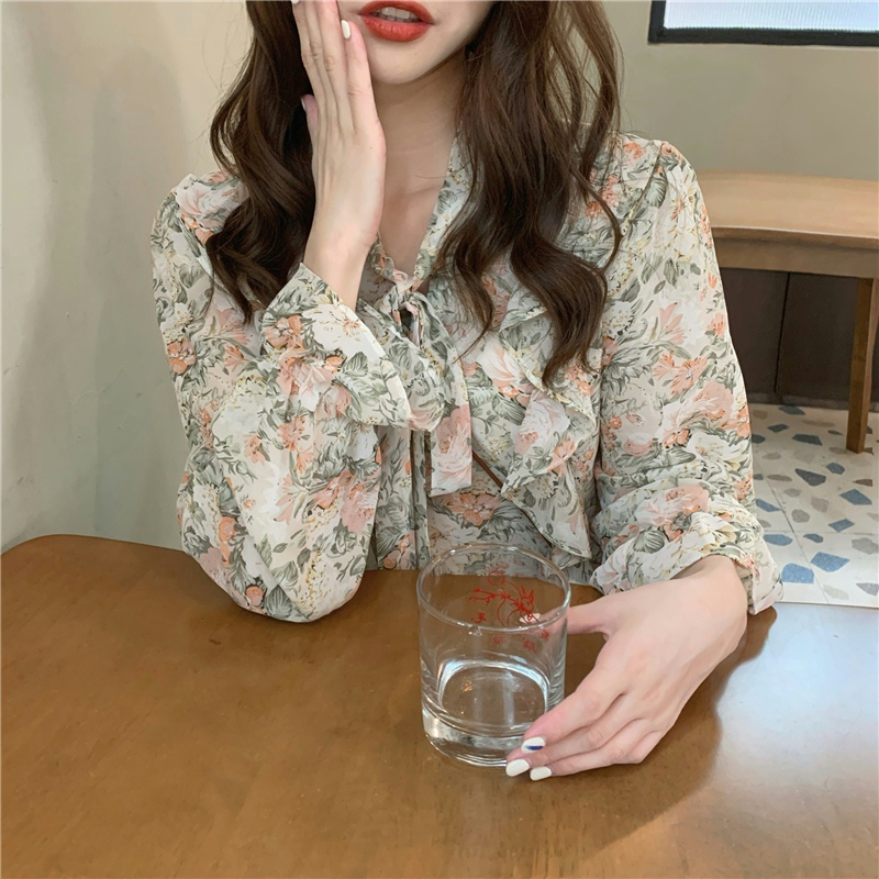 花柄 ファッション 優美な花柄リボン付きふんわりブラウス