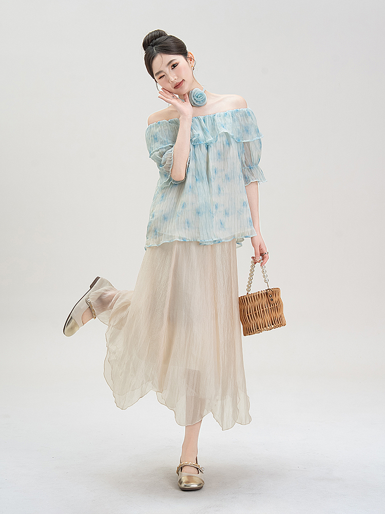 花柄 ファッション 優美な水彩花フリルオフショルダーブラウス