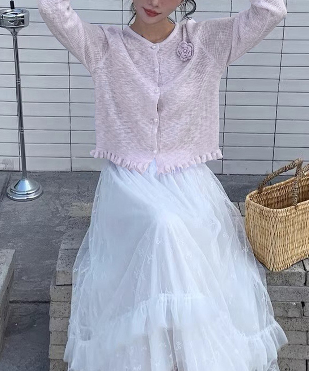 花柄 ファッション フリルニットカーディガン 取り外し可能な花飾り付き