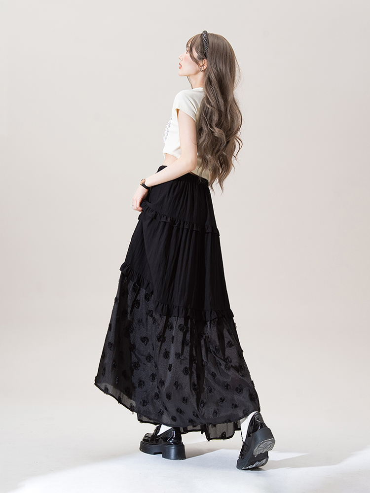 花柄 ファッション ティアード花刺繍ロングスカート