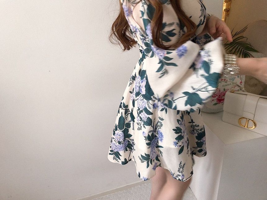 花柄 ファッション 上品な花柄 長袖ワンピース リボン付き エレガント 