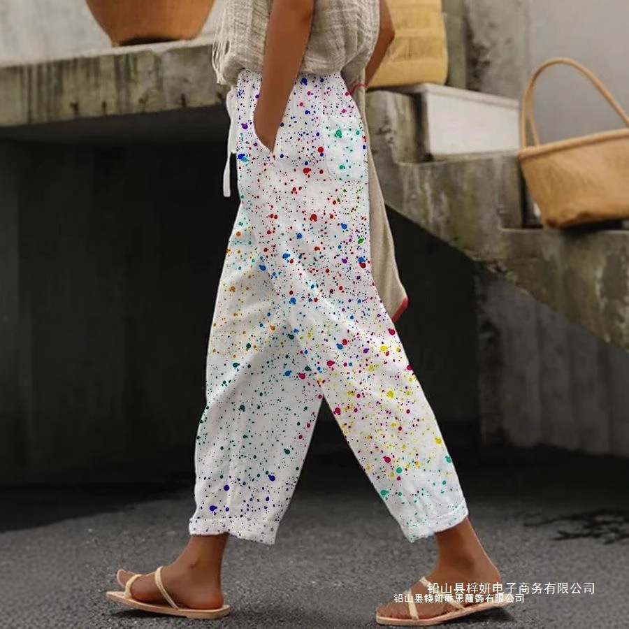 花柄 ファッション 彩り水彩模様ワイドパンツ