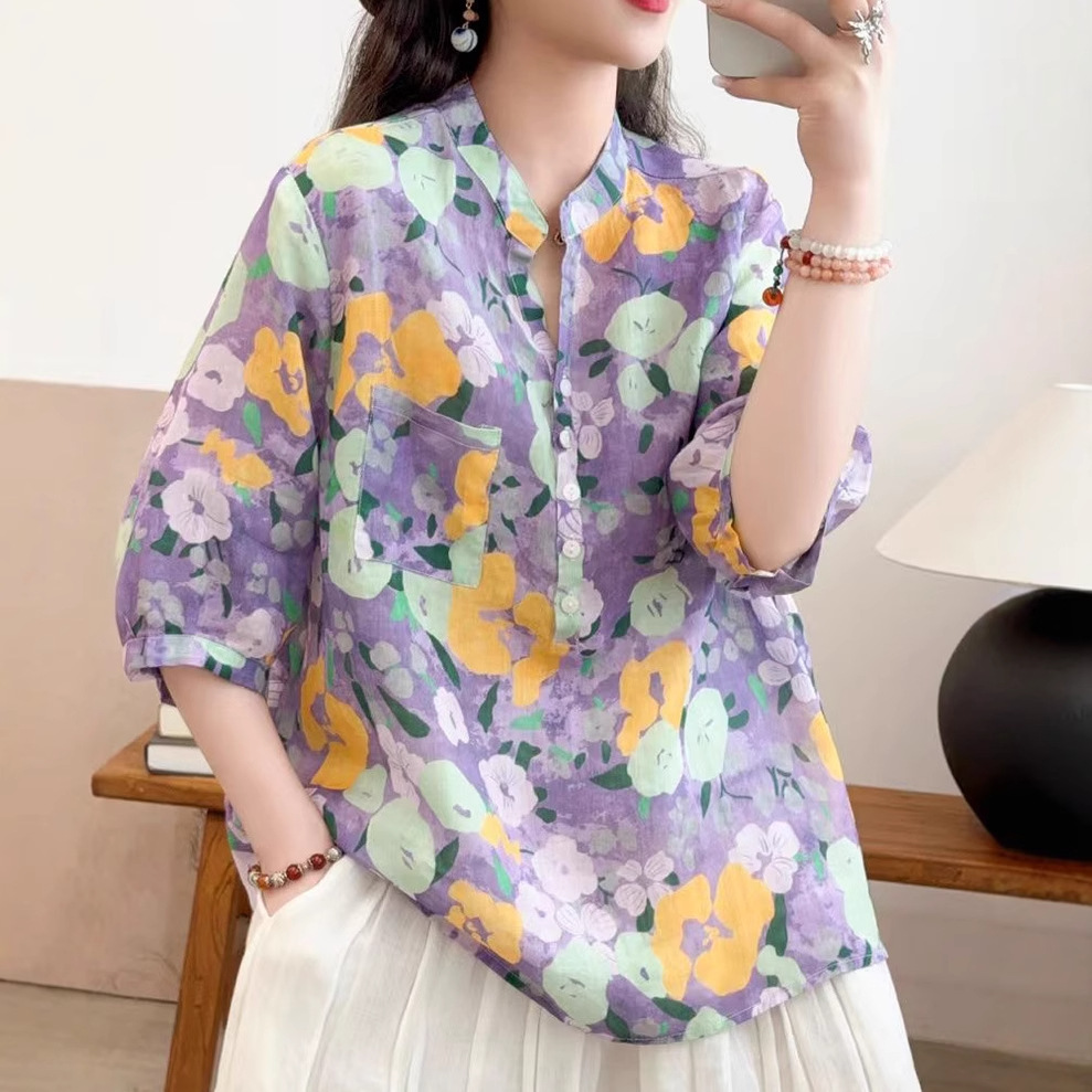 花柄 ファッション 水彩画風 七分袖シアーブラウス