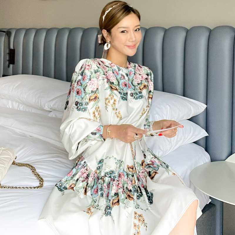 花柄 ファッション 花水彩ギャザーリボンワンピース