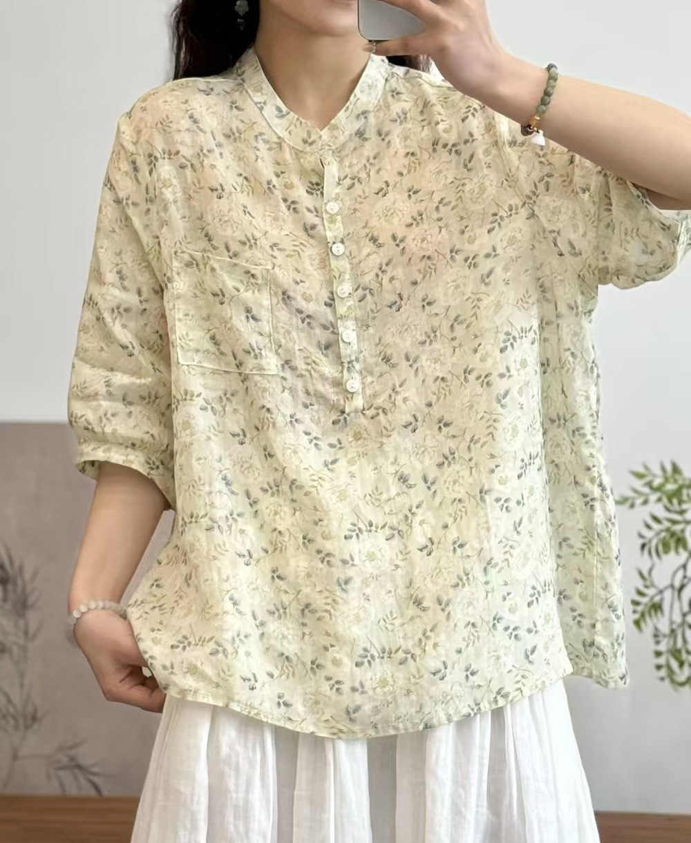 花柄 ファッション 水彩画風 七分袖シアーブラウス