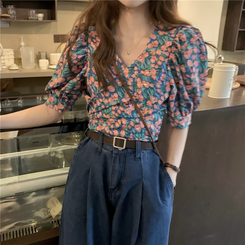 花柄 ファッション 華やか花柄パフスリーブブラウス デニムパンツセット