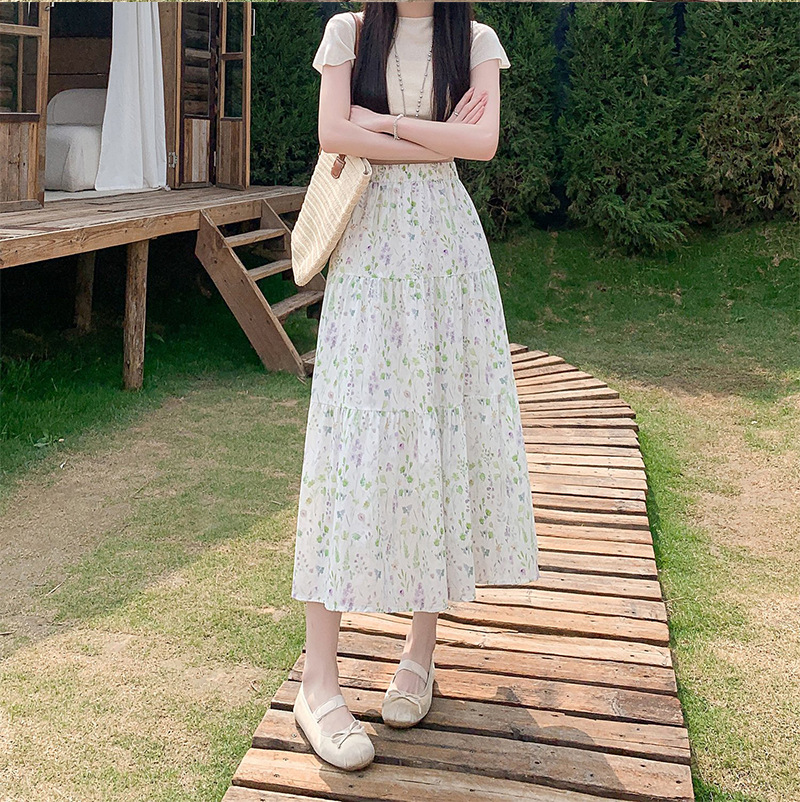 花柄 ファッション 野花散りばめティアードロングスカート