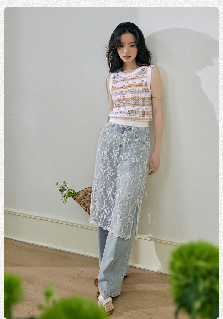 花柄 ファッション 透かし花刺繍レイヤードスカート