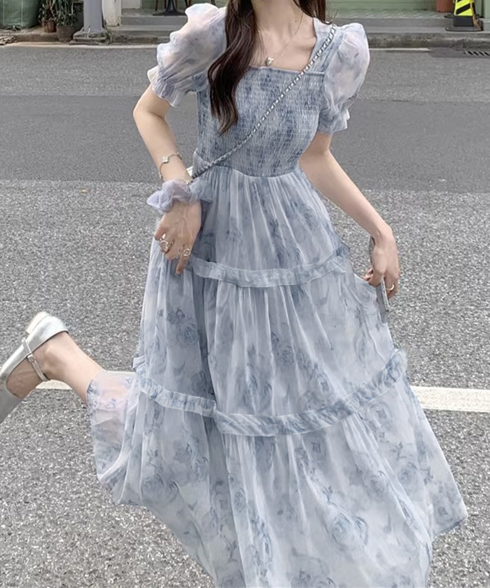 花柄 ファッション 花柄シャーリングティアードワンピース 夏服
