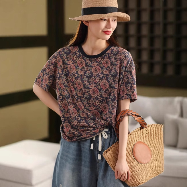 花柄 ファッション 花織りの詩 レトロ風ゆったりTシャツ