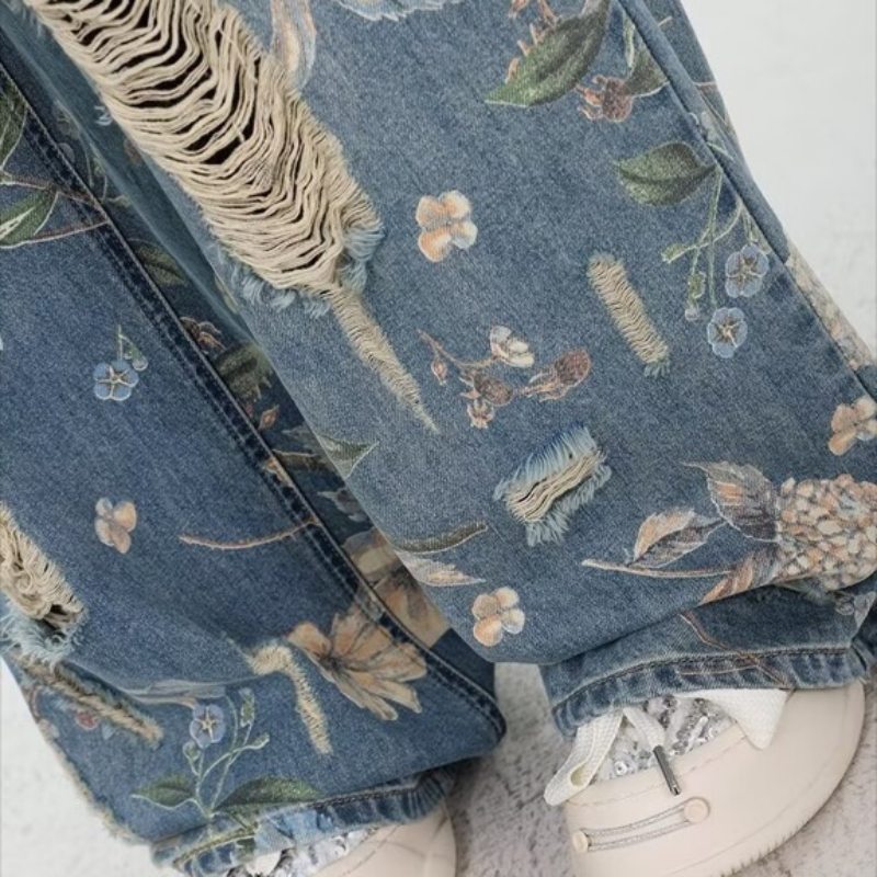 花柄 ファッション 花柄ダメージ加工ワイドデニムパンツ レディース