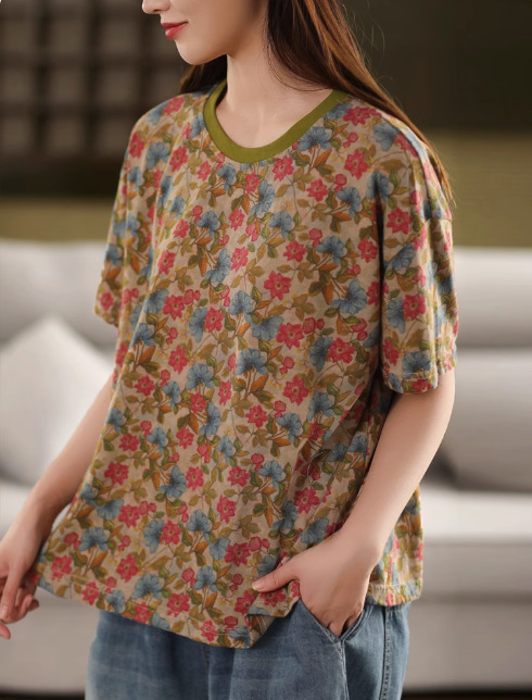 花柄 ファッション 花織りの詩 レトロ風ゆったりTシャツ