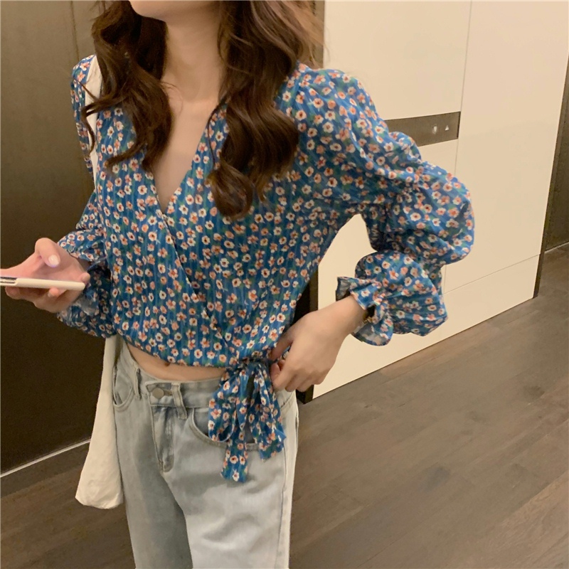 花柄 ファッション 小花柄 パフスリーブ Vネック Tシャツ 体型カバー