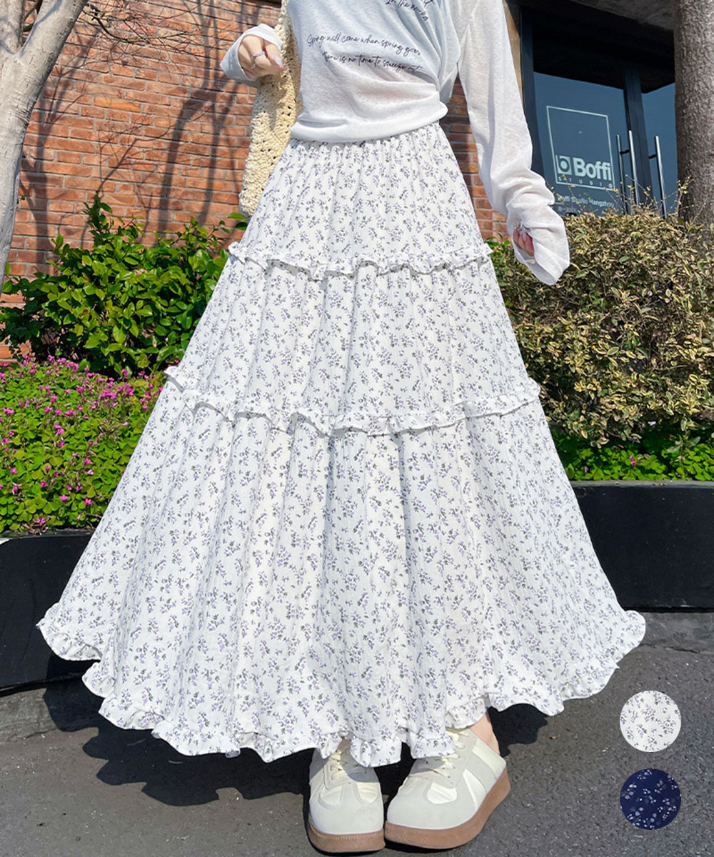 花柄 ファッション 華やか小花柄 三段ティアードロングスカート