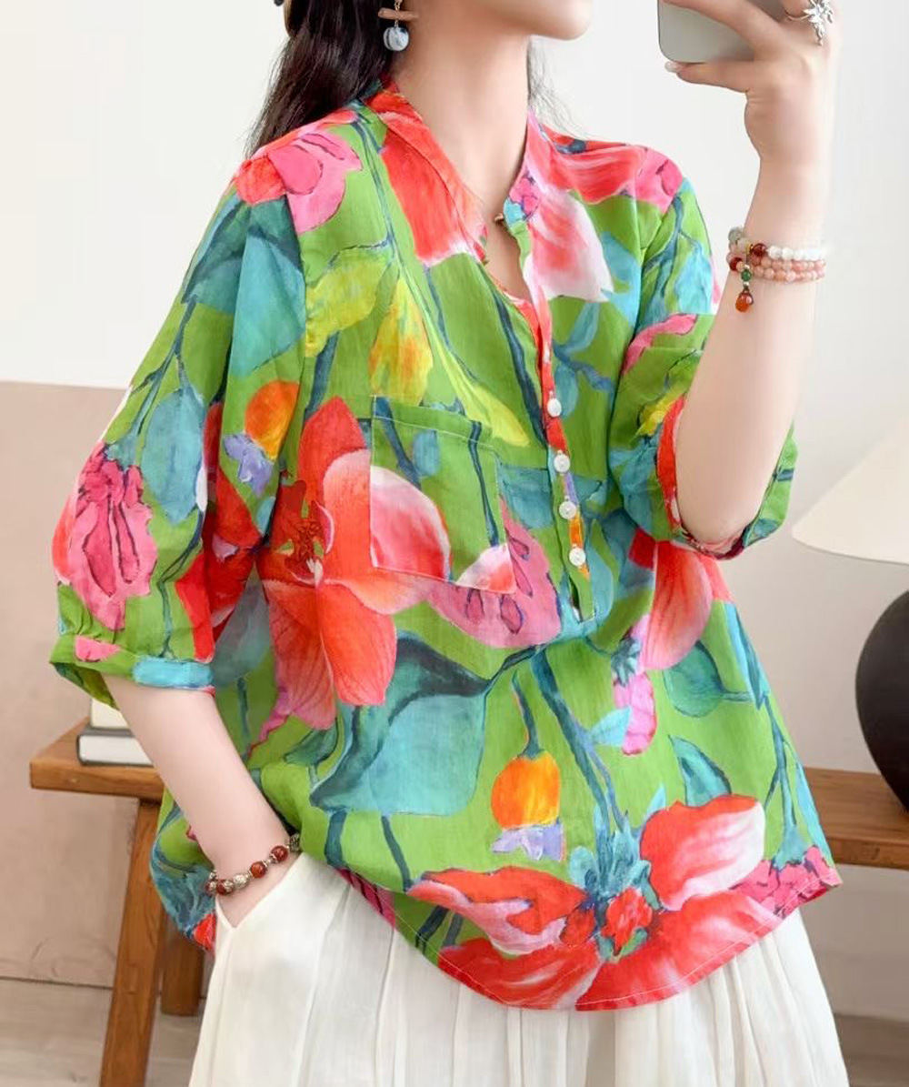 花柄 ファッション 水彩画風 七分袖シアーブラウス