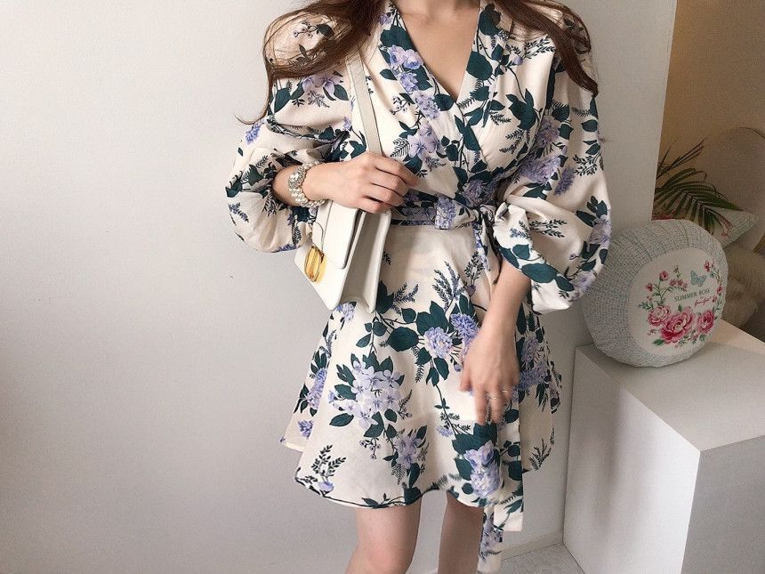 花柄 ファッション 上品な花柄 長袖ワンピース リボン付き エレガント 