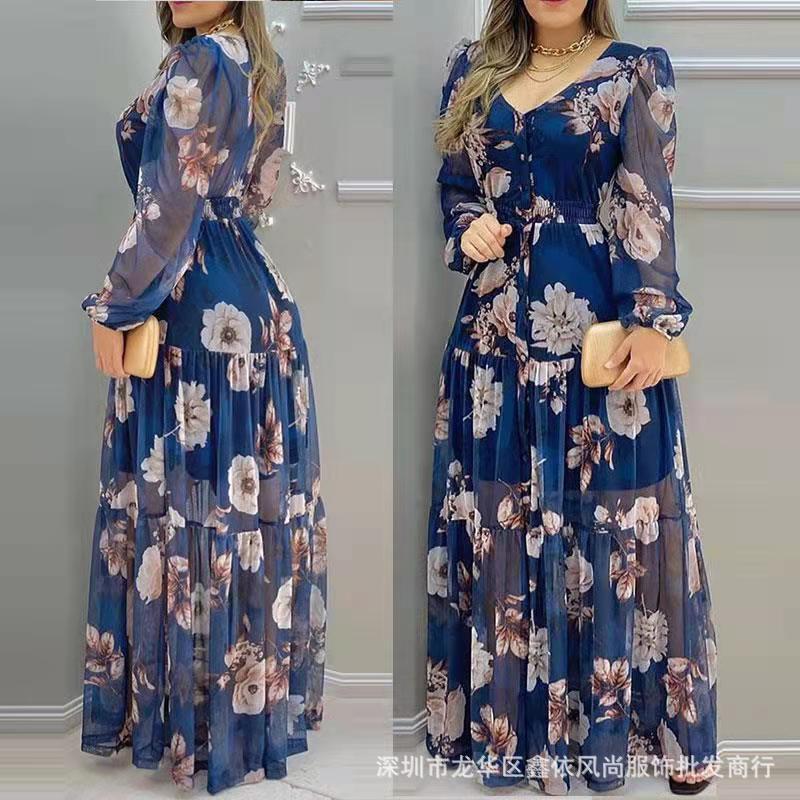 花柄 ファッション 優美な花園シフォンロングワンピース