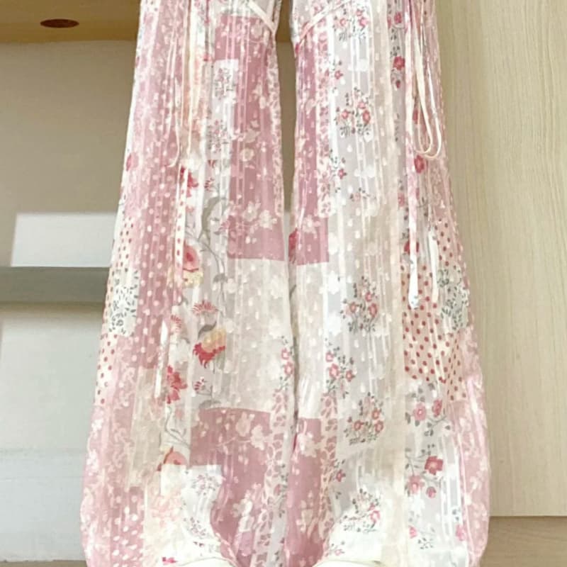 花柄 ファッション 花柄ハイウエスト フレアパンツ 接触冷感 薄手レディース