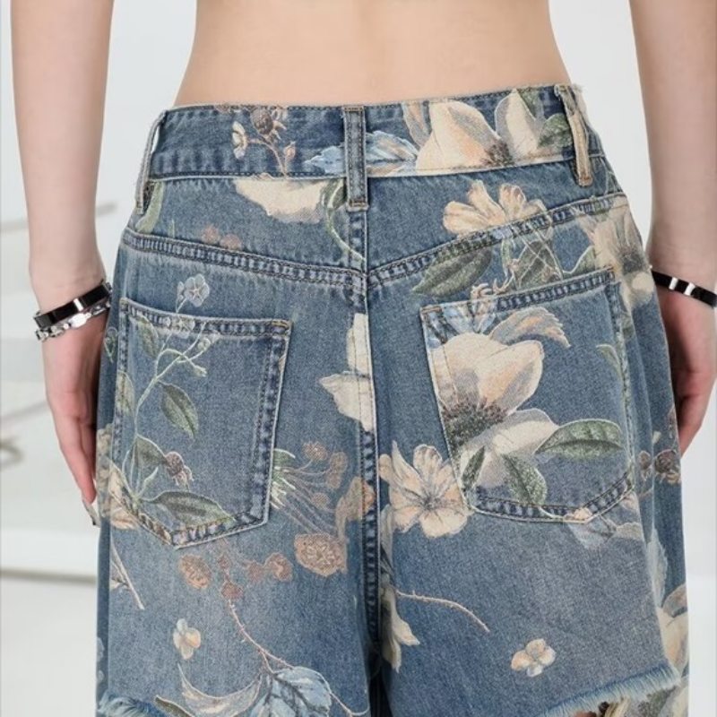花柄 ファッション 花柄ダメージ加工ワイドデニムパンツ レディース