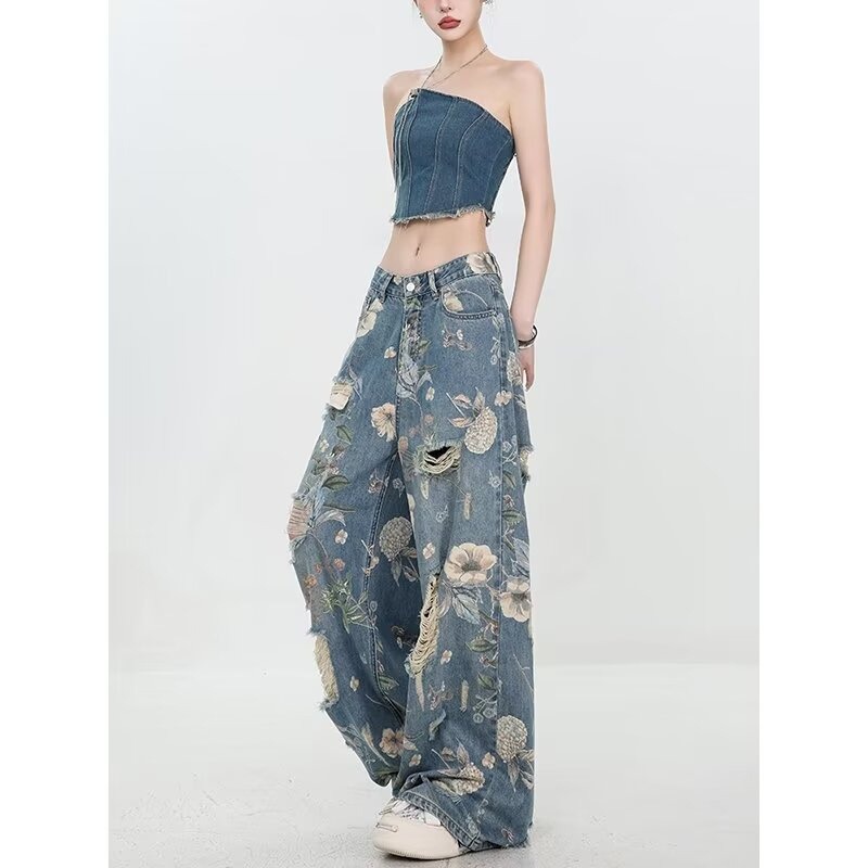 花柄 ファッション 花柄ダメージ加工ワイドデニムパンツ レディース