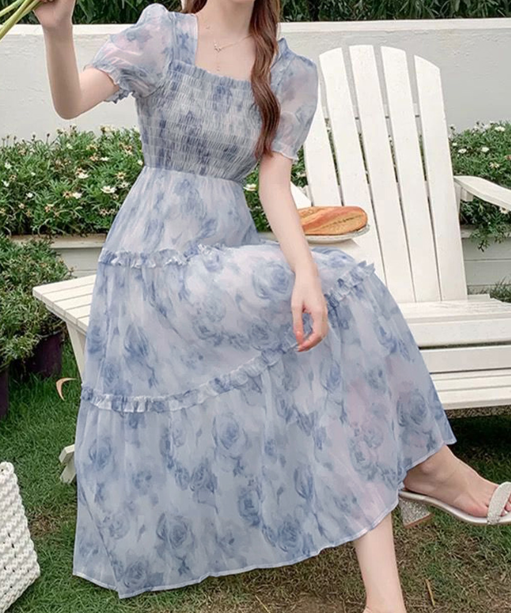 花柄 ファッション 花柄シャーリングティアードワンピース 夏服