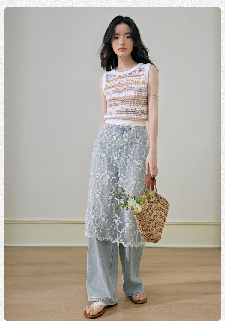 花柄 ファッション 透かし花刺繍レイヤードスカート