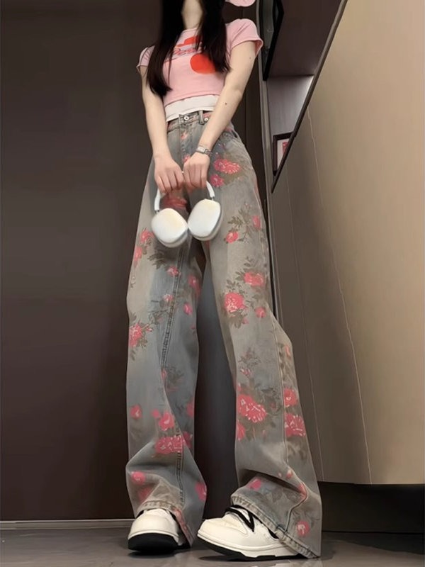 花柄 ファッション 花柄デニム ハイウエストパンツ レディース