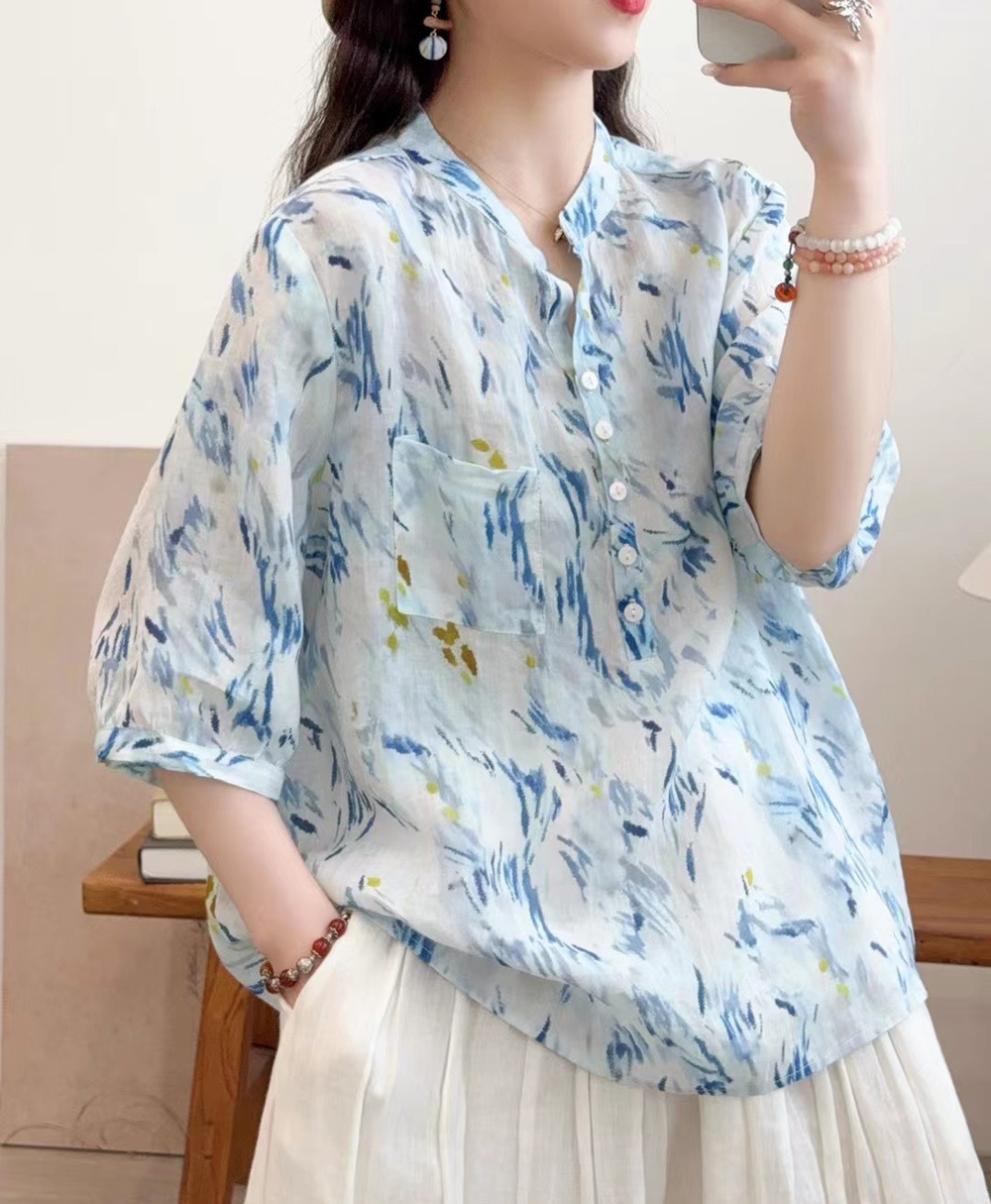 花柄 ファッション 水彩画風 七分袖シアーブラウス