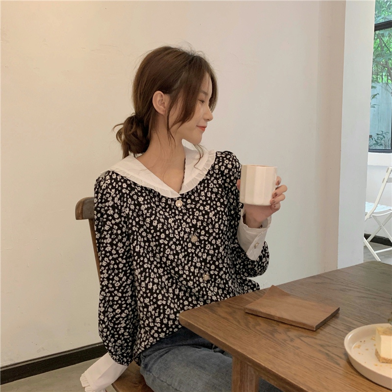 花柄 ファッション レトロ風 白襟 小花柄 シフォンブラウス ゆったり