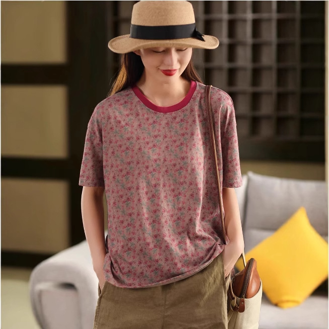 花柄 ファッション 花織りの詩 レトロ風ゆったりTシャツ