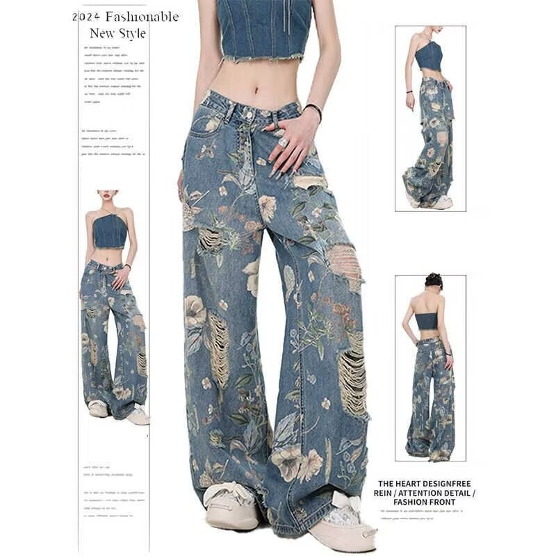 花柄 ファッション 花柄ダメージ加工ワイドデニムパンツ レディース