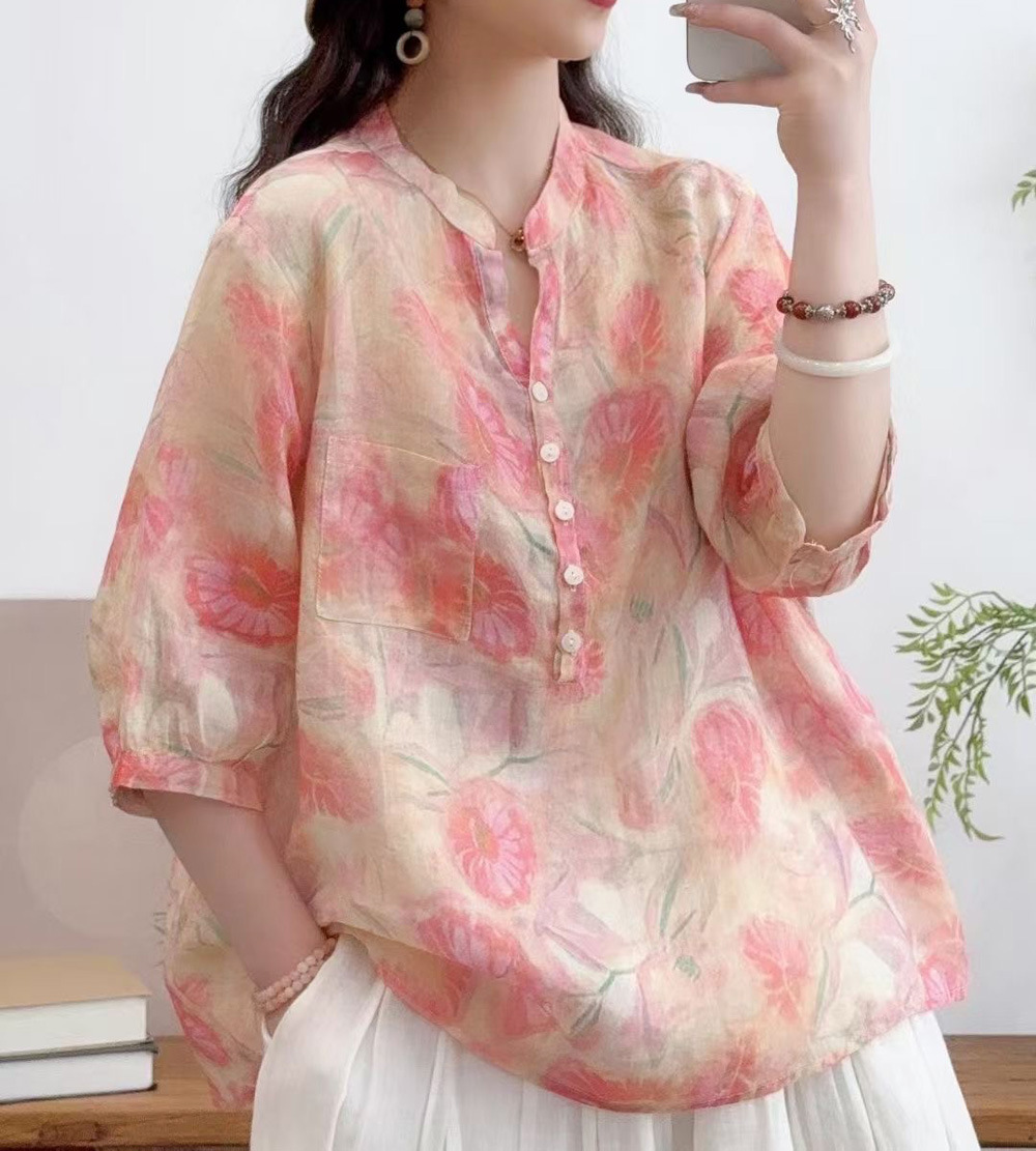 花柄 ファッション 水彩画風 七分袖シアーブラウス
