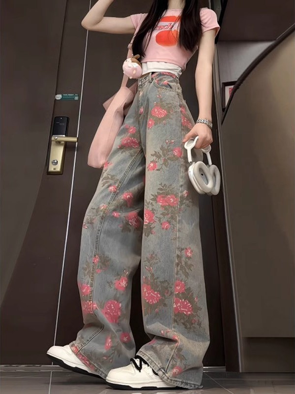 花柄 ファッション 花柄デニム ハイウエストパンツ レディース