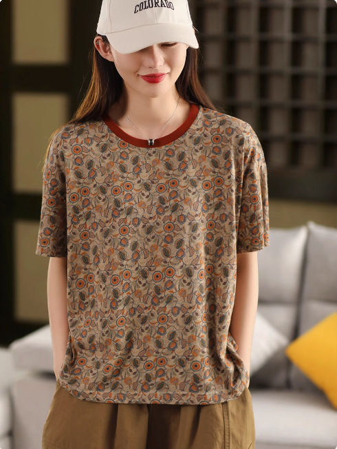 花柄 ファッション 花織りの詩 レトロ風ゆったりTシャツ