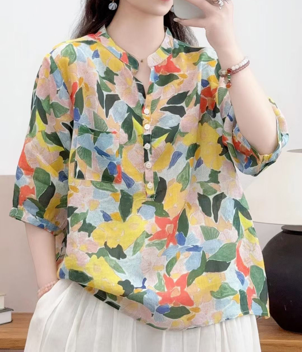 花柄 ファッション 水彩画風 七分袖シアーブラウス