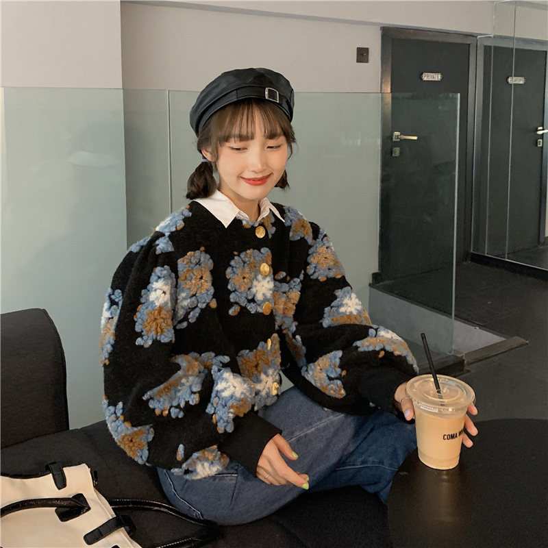 花柄 ファッション 花柄もこもこ ふんわり袖 ラウンドネック カーディガン