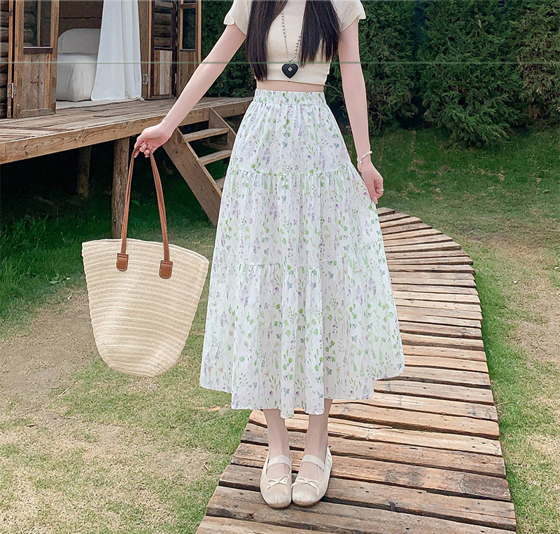 花柄 ファッション 野花散りばめティアードロングスカート