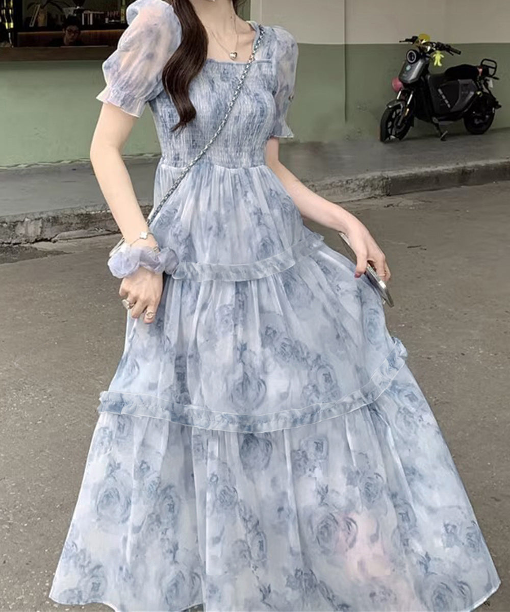 花柄 ファッション 花柄シャーリングティアードワンピース 夏服