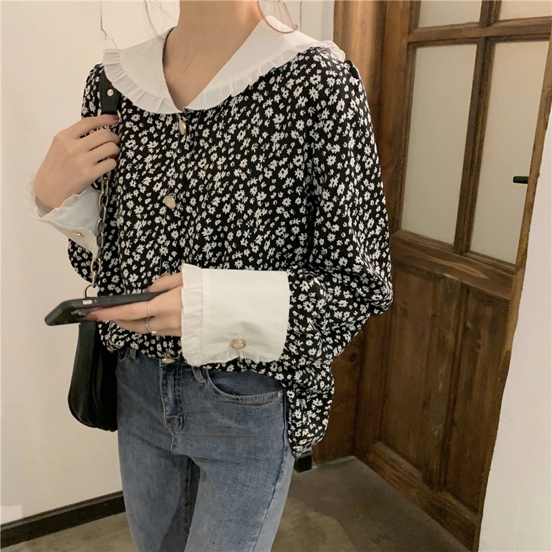 花柄 ファッション レトロ風 白襟 小花柄 シフォンブラウス ゆったり