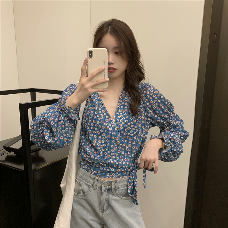 花柄 ファッション 小花柄 パフスリーブ Vネック Tシャツ 体型カバー