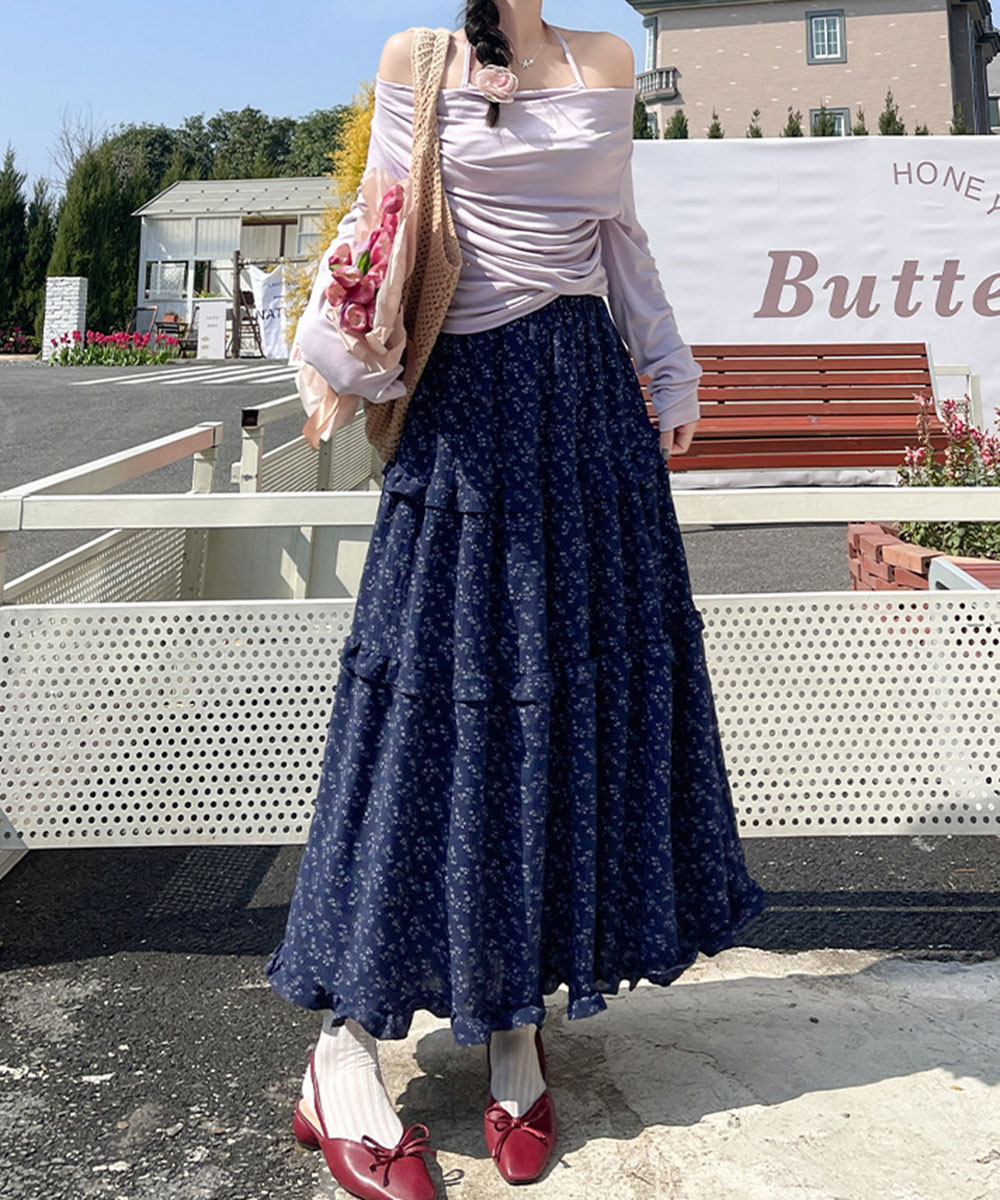 花柄 ファッション 華やか小花柄 三段ティアードロングスカート