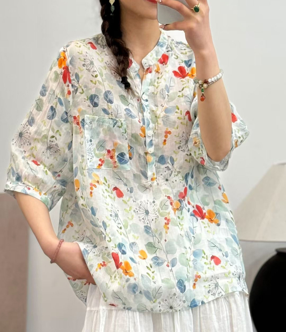 花柄 ファッション 水彩画風 七分袖シアーブラウス