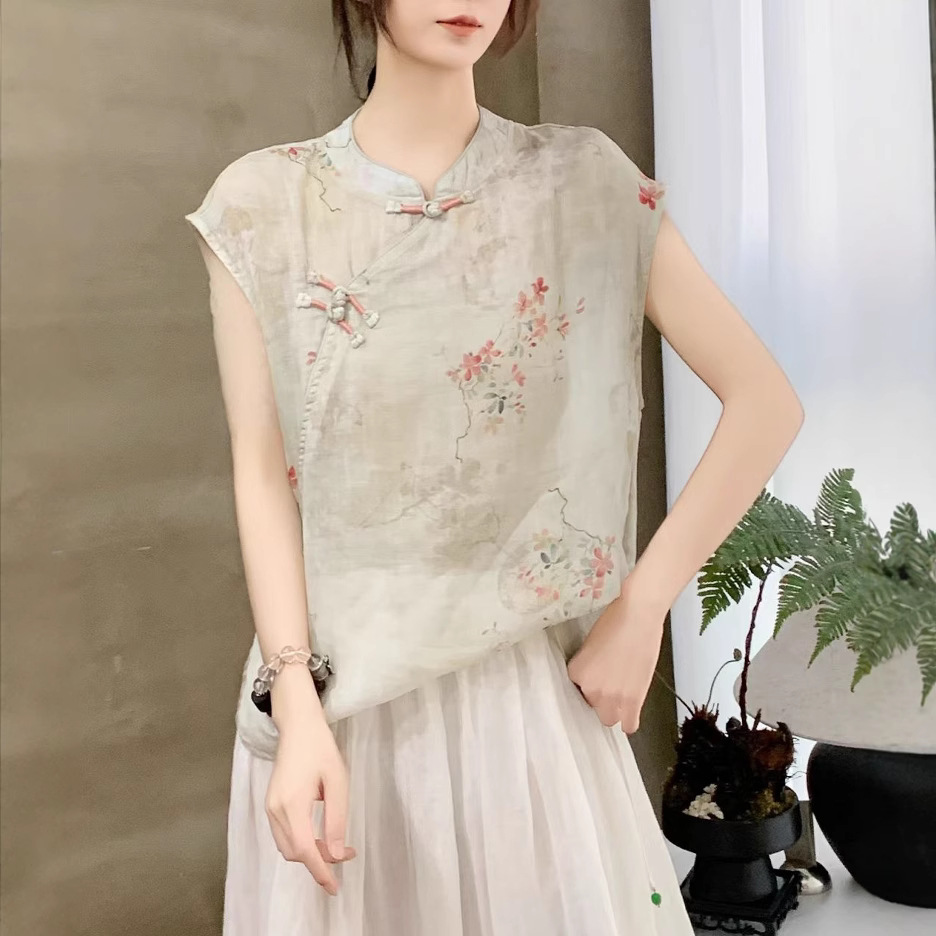 花柄 ファッション 雅花 チャイナ風ノースリーブブラウス