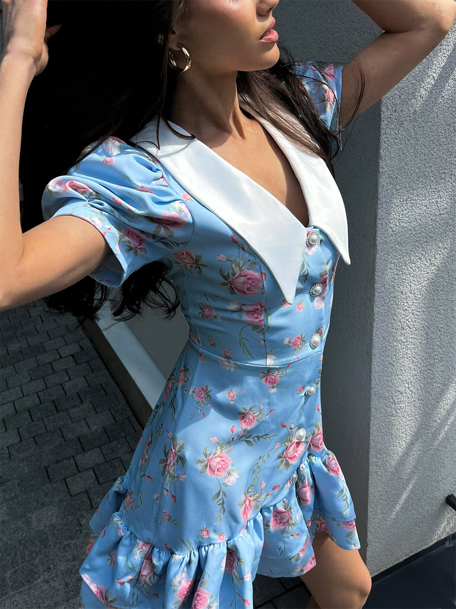 花柄 ファッション 優美な大襟バラ柄フリルワンピース
