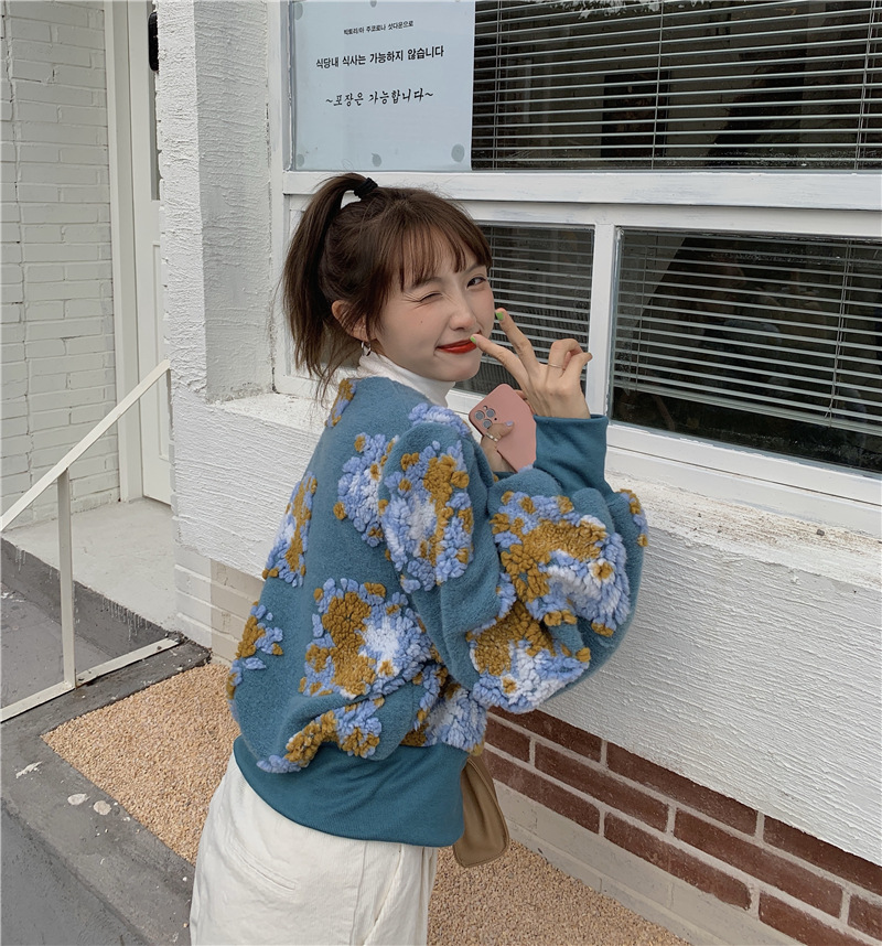 花柄 ファッション 花柄もこもこ ふんわり袖 ラウンドネック カーディガン