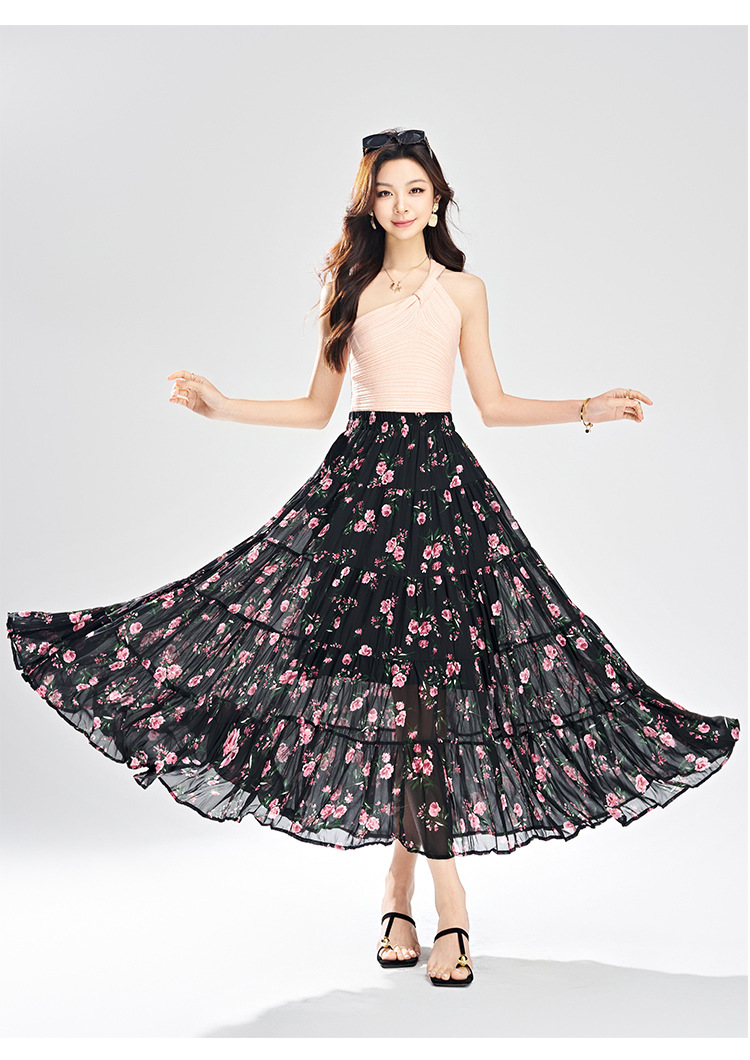 花柄 ファッション 花咲くプリーツマキシスカート