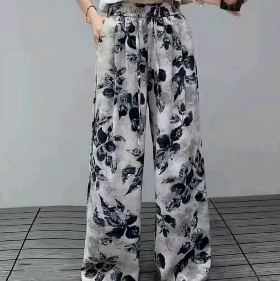 花柄 ファッション 墨絵風花柄ワイドパンツ