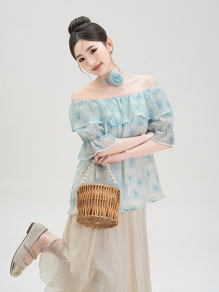 花柄 ファッション 優美な水彩花フリルオフショルダーブラウス