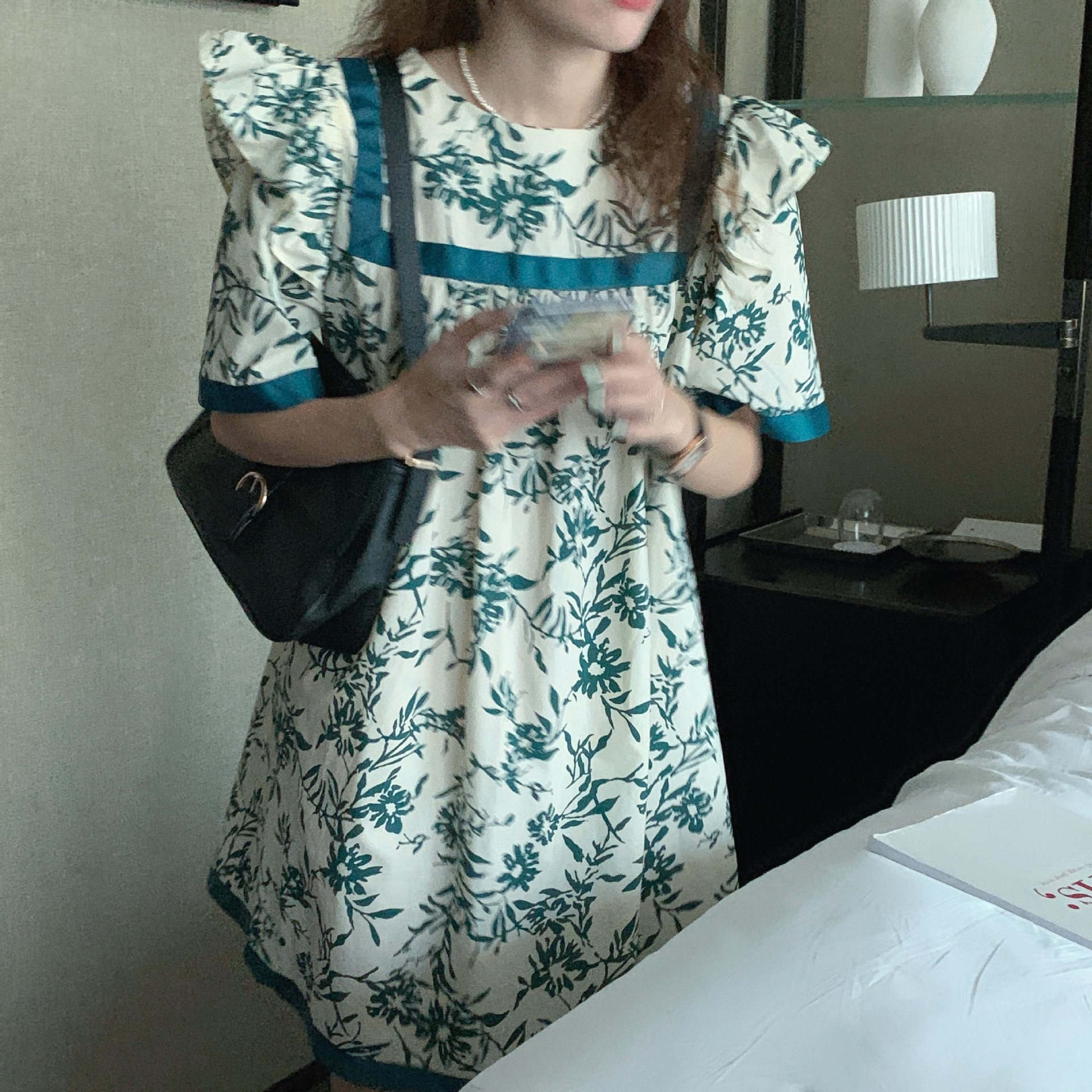 花柄 ファッション 爽やか花柄 青緑ライン ドール ワンピース