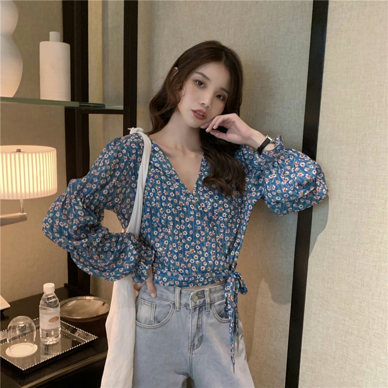 花柄 ファッション 小花柄 パフスリーブ Vネック Tシャツ 体型カバー
